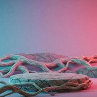 Stone pedestal, roots, neon backdrop photo