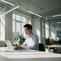 Focused worker typing on laptop in bright office photo
