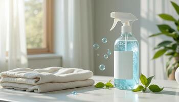A bottle of cleaning spray and a towel on a table photo