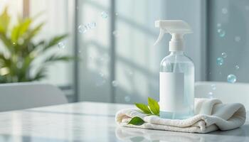 A bottle of cleaning spray and towel on a table photo