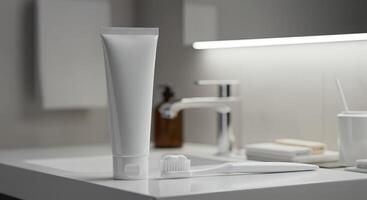 A toothbrush and toothpaste on a counter photo