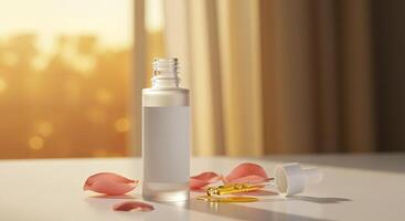 A bottle of essential oil and rose petals on a table photo