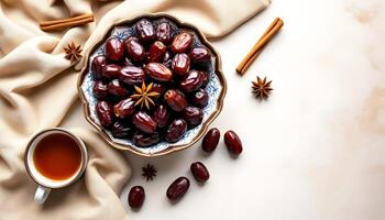 A bowl of glossy dates with a tea cup on a table photo