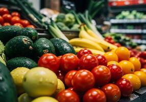 Fresh Produce Display at Grocery Store with Tomatoes and Avocados photo