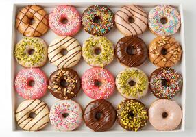 Assorted Doughnuts in Box with Colorful Toppings for Sweet Treat photo