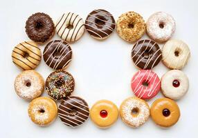 Assorted Donuts Arranged in Circle with Copy Space on White Background photo