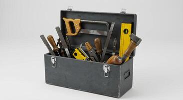 Open Toolbox Filled with Various Hand Tools on a Neutral Background photo