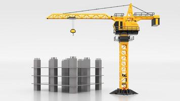 3D render of heavy construction equipment on construction site with sand. Crane and dump truck and excavator for advertising construction works and companies. photo