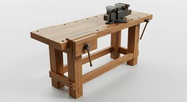 Wooden Workbench with Metal Vise for Carpentry and Woodworking Projects photo