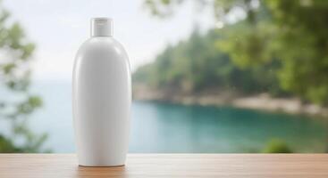 A white bottle on a table with a view of the ocean photo