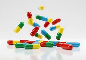 Pills falling from a white background photo