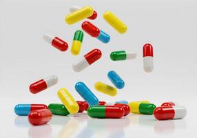 Many colorful pills falling from the air photo