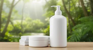 White bottle with soap and towels on wooden table with green background photo