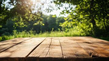 Wooden picnic table in sunny backyard setting. Tranquil and inviting photo