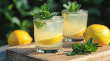 Refreshing summer drinks with lemon and mint on wooden table photo