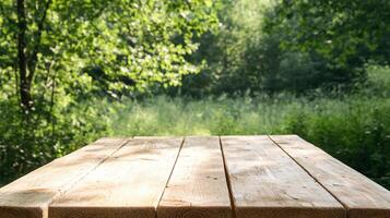 Wooden picnic table in sunny forest setting, perfect for outdoor gatherings photo