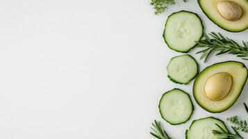 Sliced avocado halves and cucumber slices with rosemary on white background photo