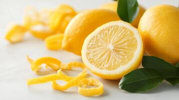 Lemon zest curls and whole lemons on white background photo