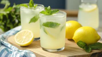 Refreshing lemonade with mint and lemon slices on wooden table photo