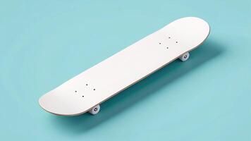 A minimalist white skateboard sits on a blue background, perfect for showcasing design. photo