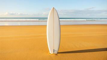 A surfboard stands on a golden beach, capturing the essence of summer and adventure. photo