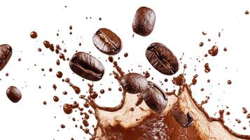 Coffee Beans Splashing into Brown Liquid on White Background photo