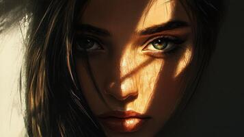 Woman's Face Illuminated by Sunlight, Green Eyes, and Soft Focus photo