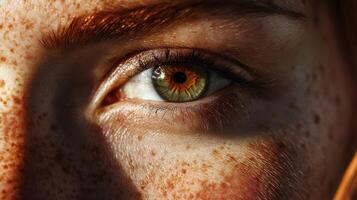Close-up of a green eye with freckles and eyelashes photo
