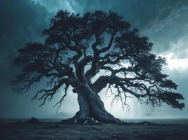 An old tree in the middle of a field photo