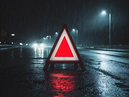 A red and white warning triangle on the side of the road photo