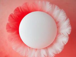 A white ball with feathers on top of a red background photo