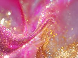 A close up of a pink and gold glitter fabric photo