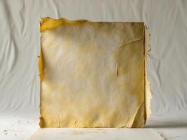 Rectangular piece old yellowed paper rough texture appears with burnt photo