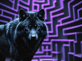 Shadowy Black Wolf with Ruby Eyes in a Maze of Purple and Black Gothic Lines photo