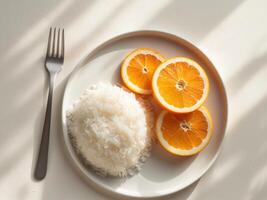 Orange Slices and Rice on Tray with Fork for Balanced Diet. photo