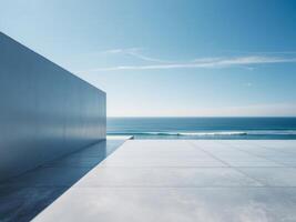 long rectangular concrete floor clear blue sky ocean. photo