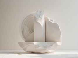 A white sculpture with a circular shape on top photo