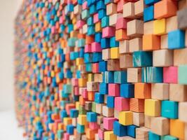 Abstract background made up small cubes different colors Colorful wooden blocks aligned. photo