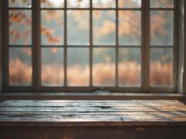 Window wooden table front it there is Empty desk with autumn photo