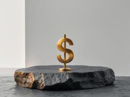 A golden dollar sign resting on textured dark surface photo