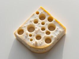 A triangular piece of cheese with numerous irregular holes on its surface photo