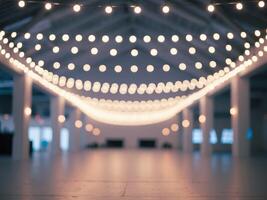 Large open space high ceiling string lights hanging Blurred background of party photo