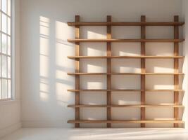 A room with a wooden shelf in front of a window photo
