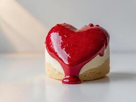A heart shaped cake with red icing on top photo