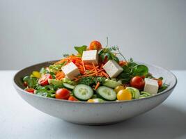 A bowl of salad with tofu, carrots, cucumbers, tomatoes and other vegetables photo