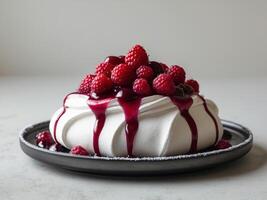 A pavlova with raspberry sauce on top photo