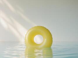 A yellow inflatable ring floating in a pool photo