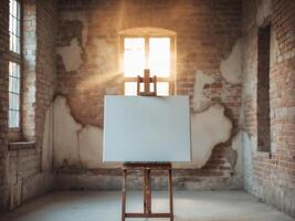 An easel with a blank canvas in an old building photo