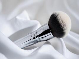 Compact powder foundation makeup brush top it is Close up. photo