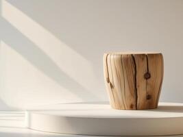 Round wooden table stool made from tree trunk Natural product display podium template. photo